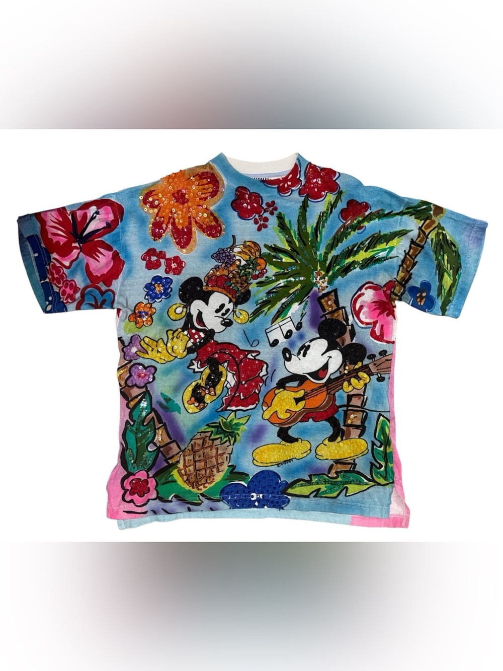Vintage 90s Disney JouJou Mickey Serenading Minnie Sequin Beaded Shirt L Rare
